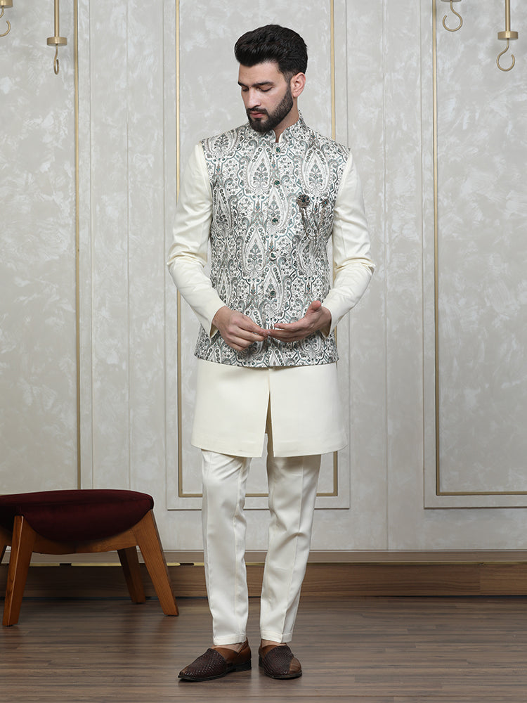 Green Embroidered  Nehru Jacket Set