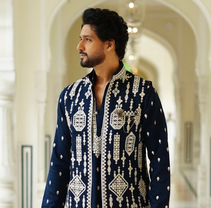 Navy Blue Embroidered Koti Kurta Set for Men