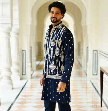 Navy Blue Embroidered Koti Kurta Set for Men