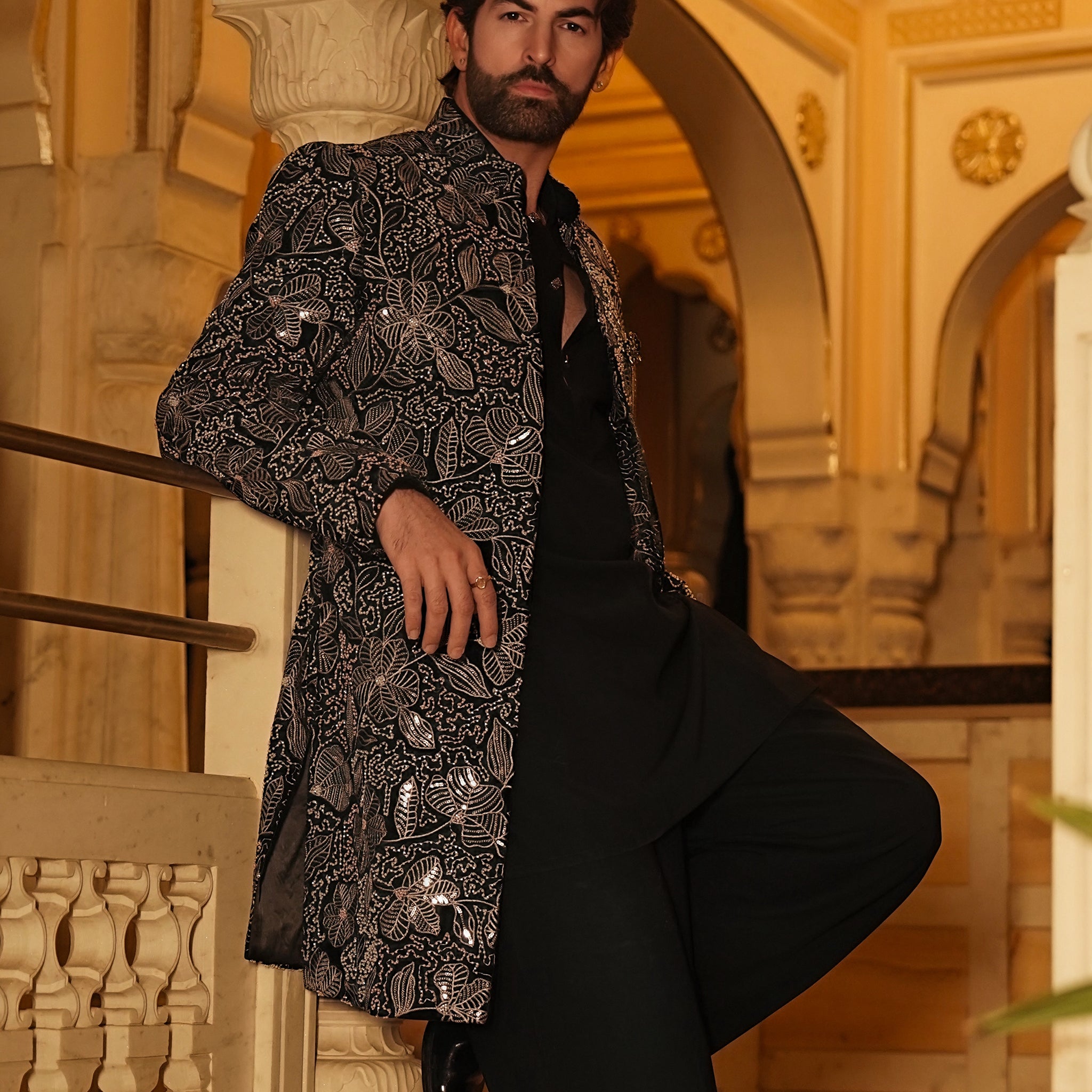 Black Cutdana Work Long Jacket Set with Heavy Embroidery for Men