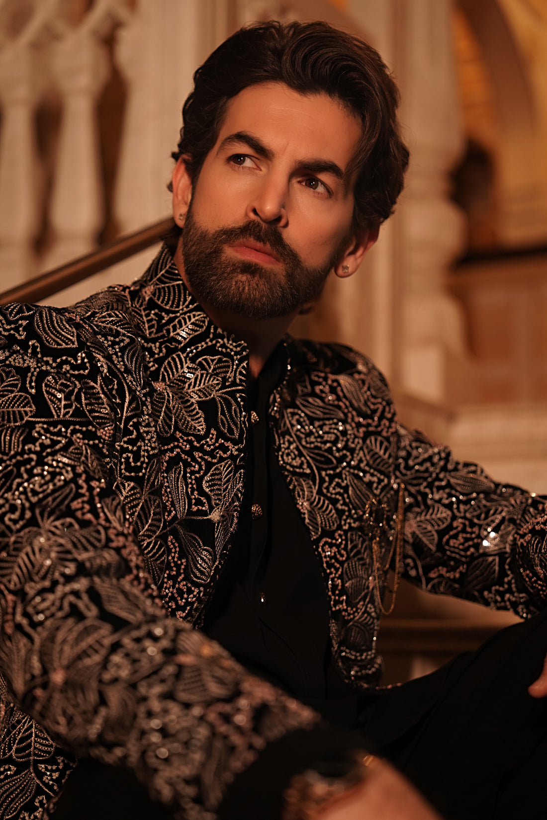 Black Cutdana Work Long Jacket Set with Heavy Embroidery for Men