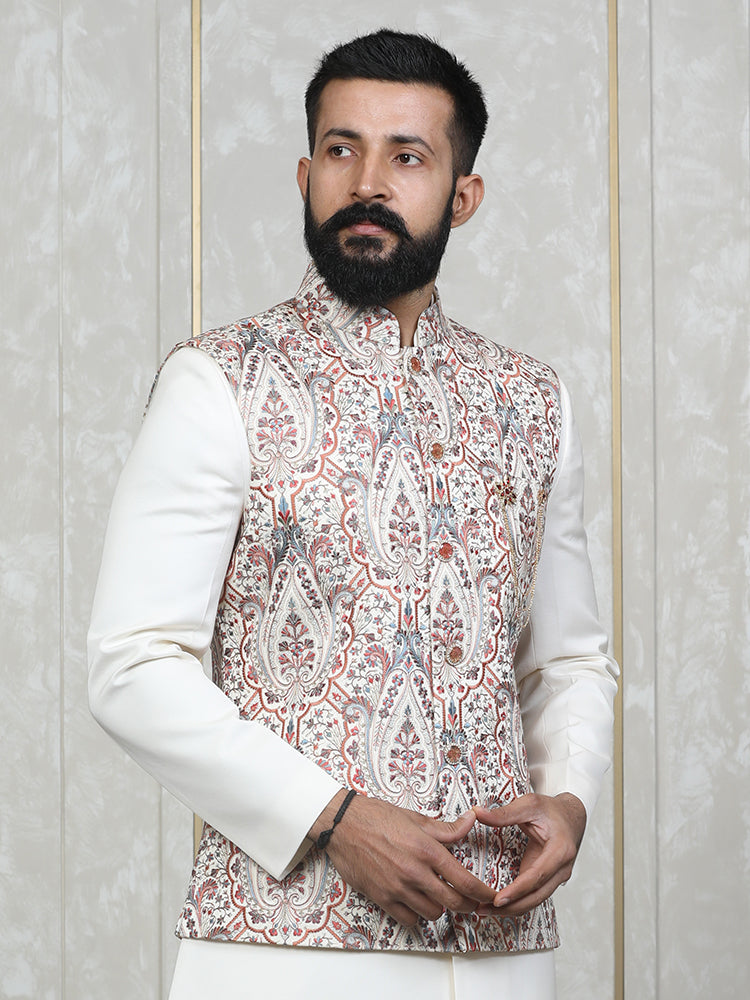 Orange Embroidered  Nehru Jacket Set