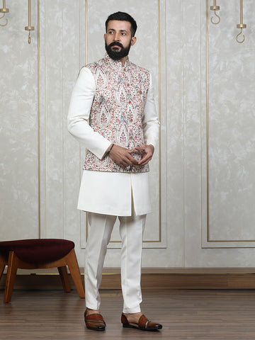 Orange Embroidered  Nehru Jacket Set