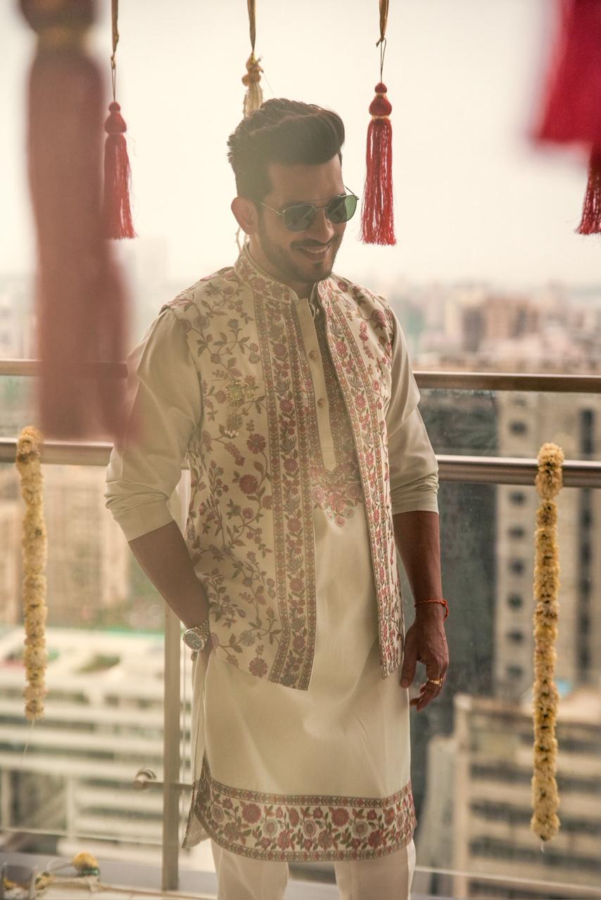 Fawn Multy Thread Embroidered Koti Kurta Set for Men
