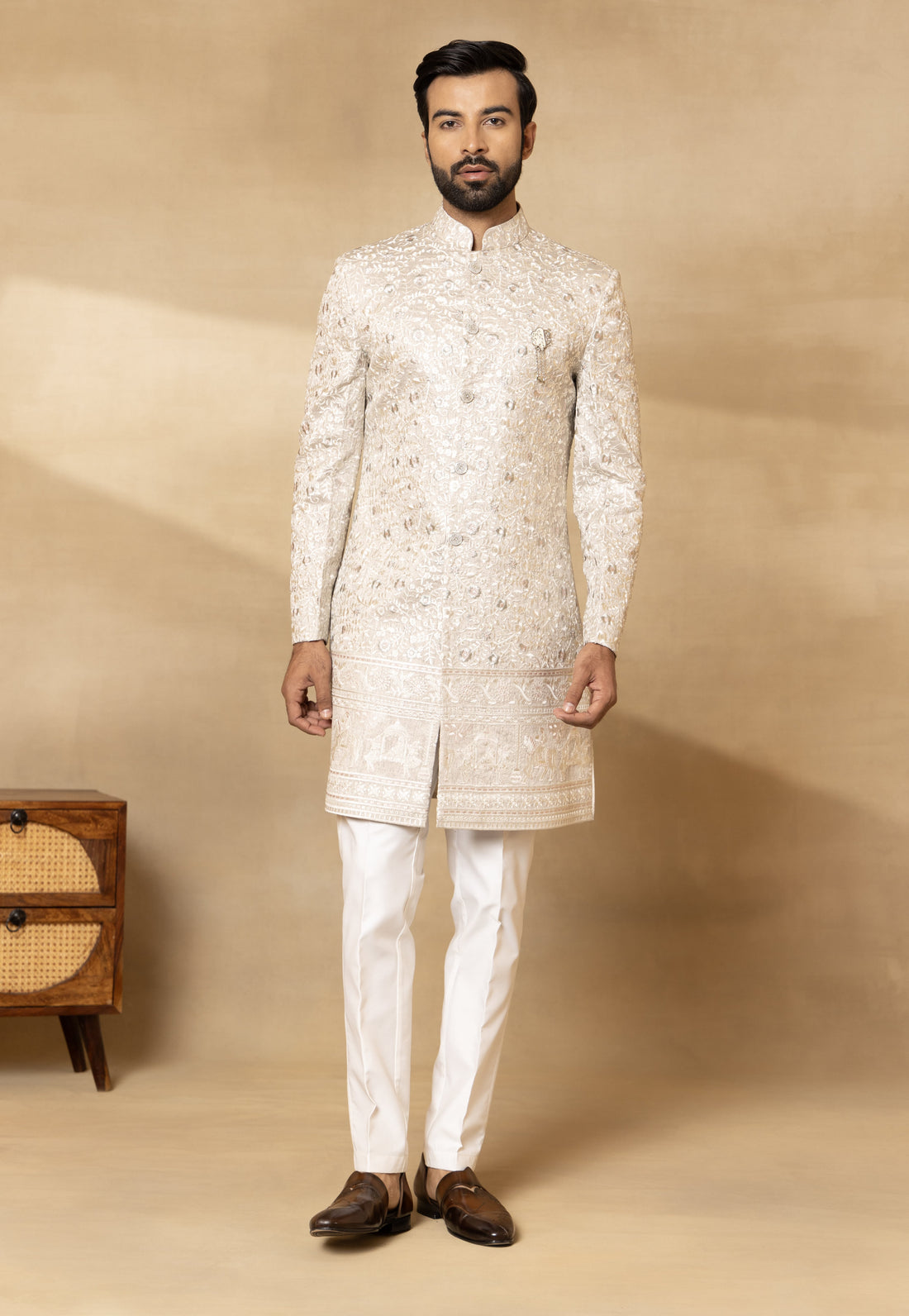 Grey Silk Embroidered Sherwani Set with Dupatta