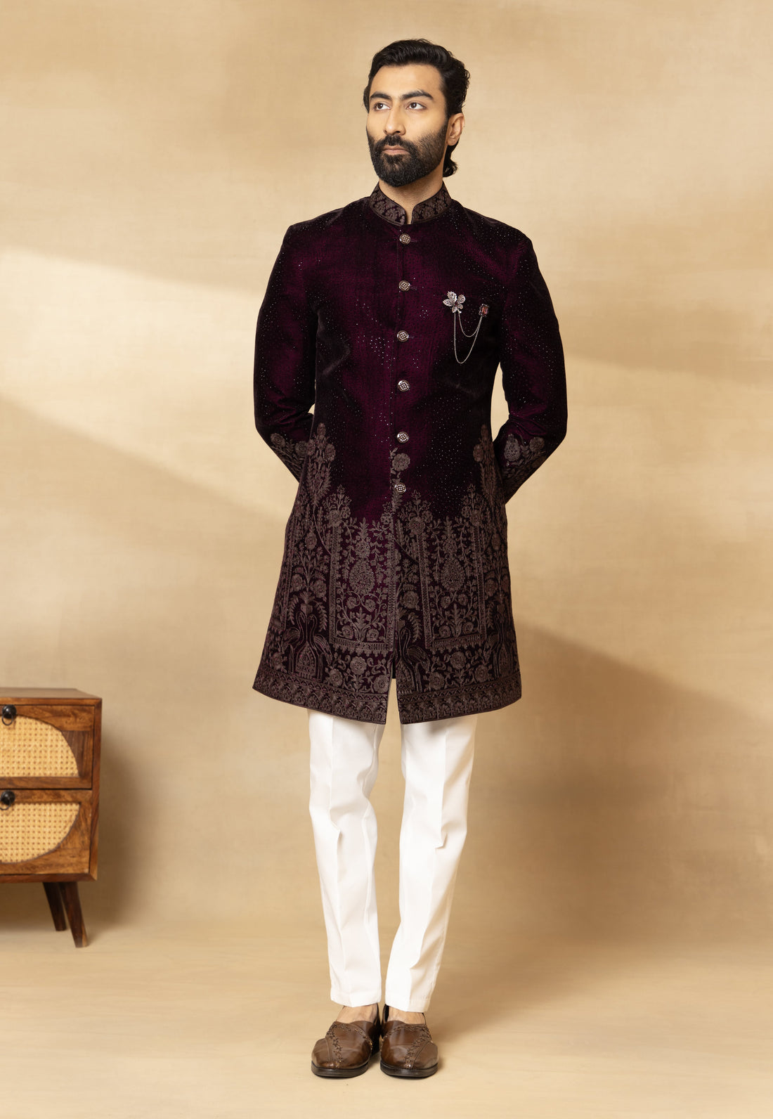 Wine Velvet Stone Work Sherwani Set with Dupatta