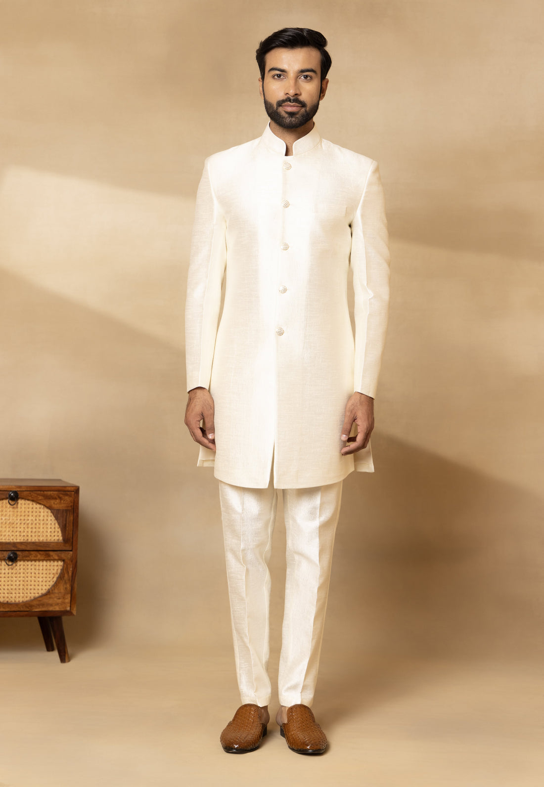 Cream Embroidered Nehru Jacket Set