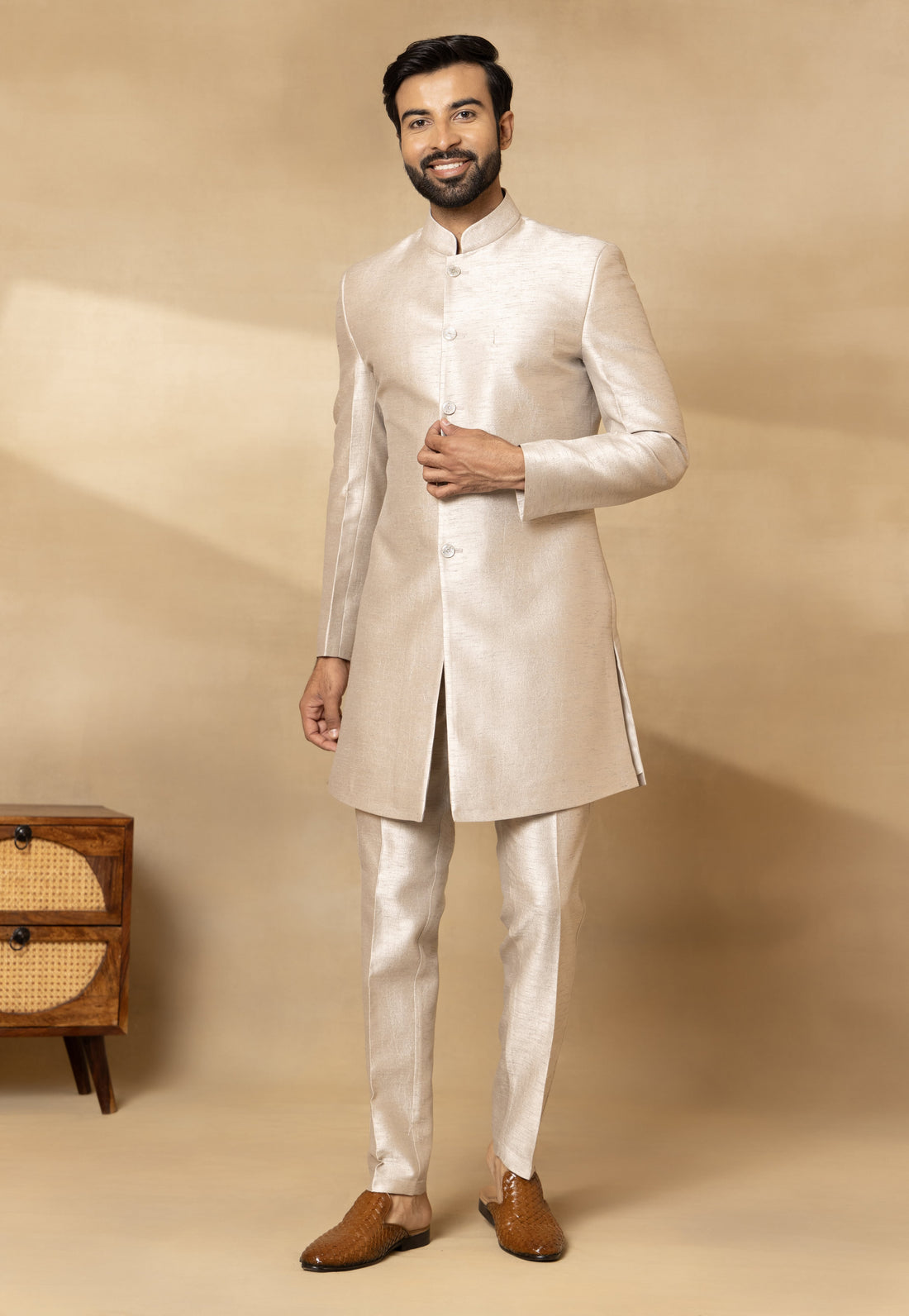 Natural Grey Embroidered Nehru Jacket Set