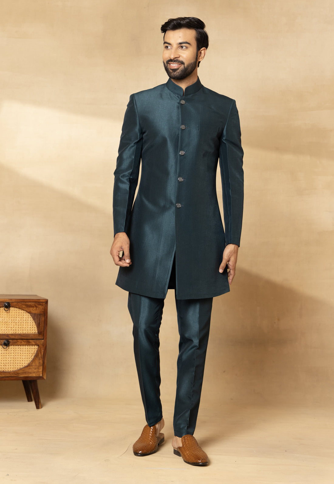 Rama Green Multi Thread Embroidered Nehru Jacket Set