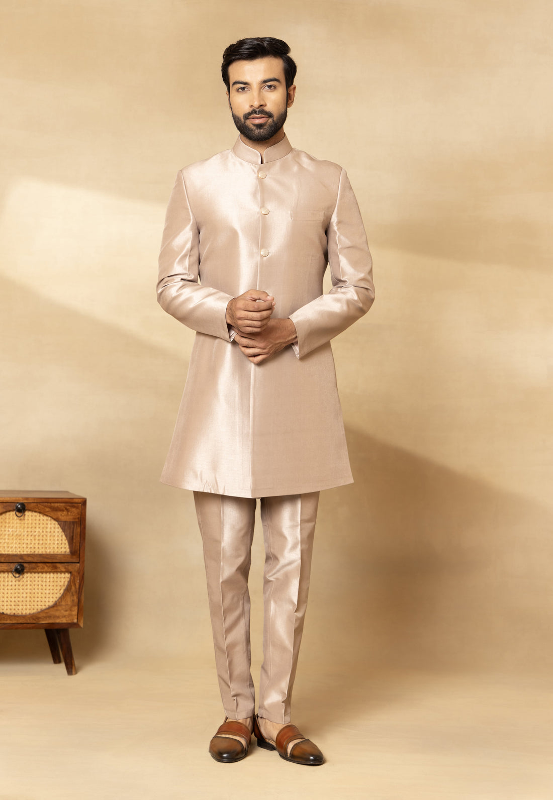 Champagne Pink Multi Thread Embroidered Nehru Jacket Set