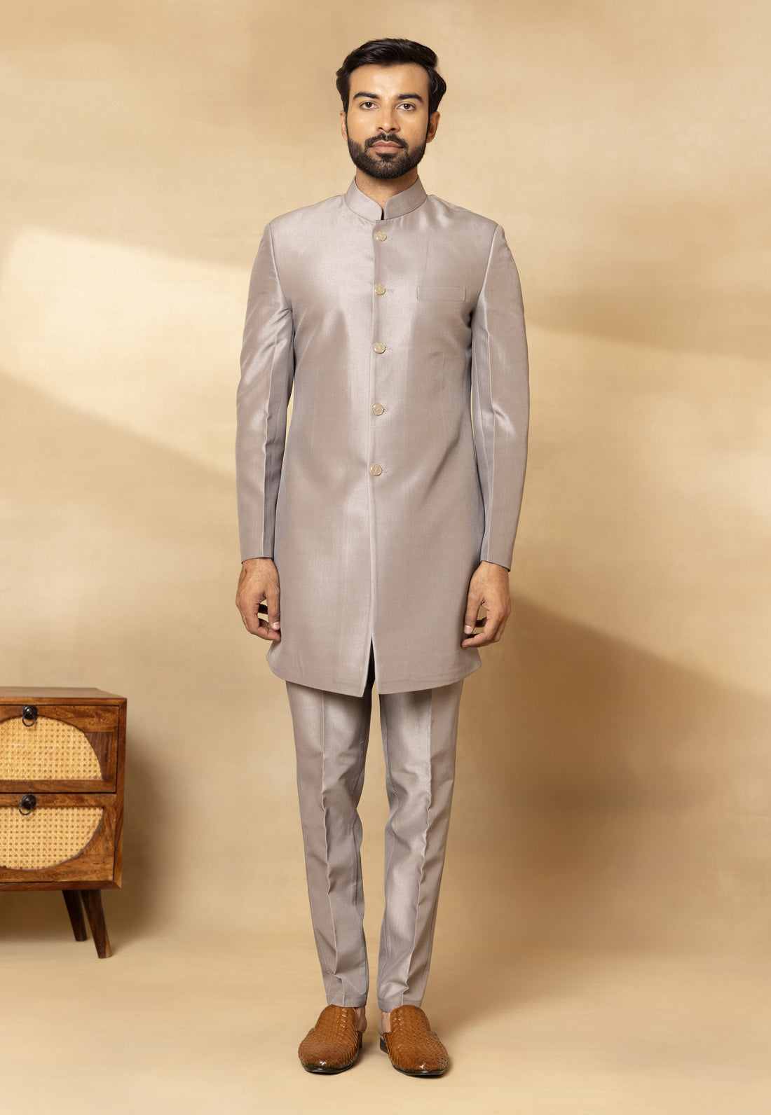 Natural Grey Multi Thread Embroidered Nehru Jacket Set