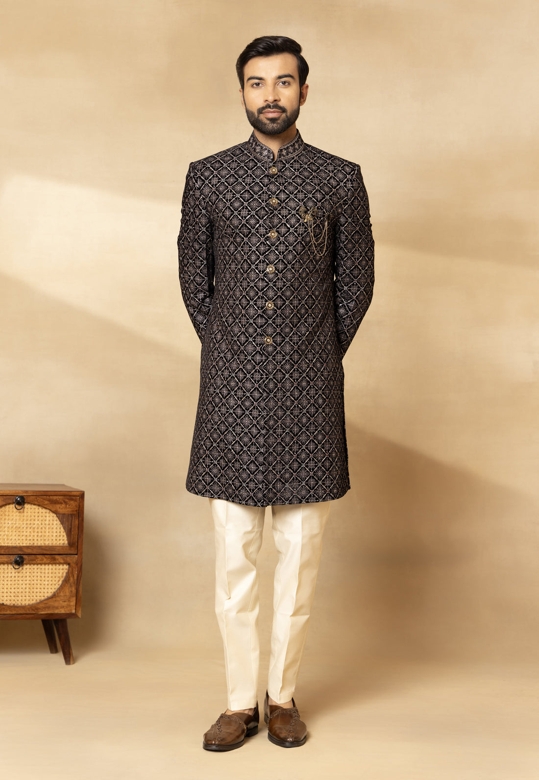 Black Velvet Embroidered Sherwani Set with Dupatta