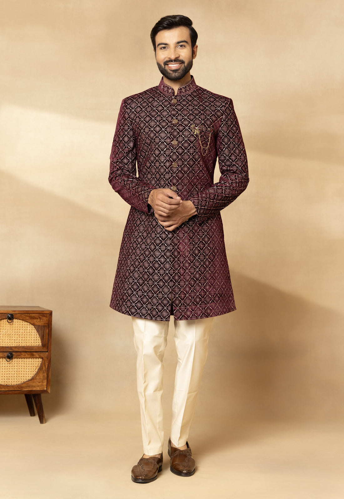 Mehroon Velvet Embroidered Sherwani Set with Dupatta