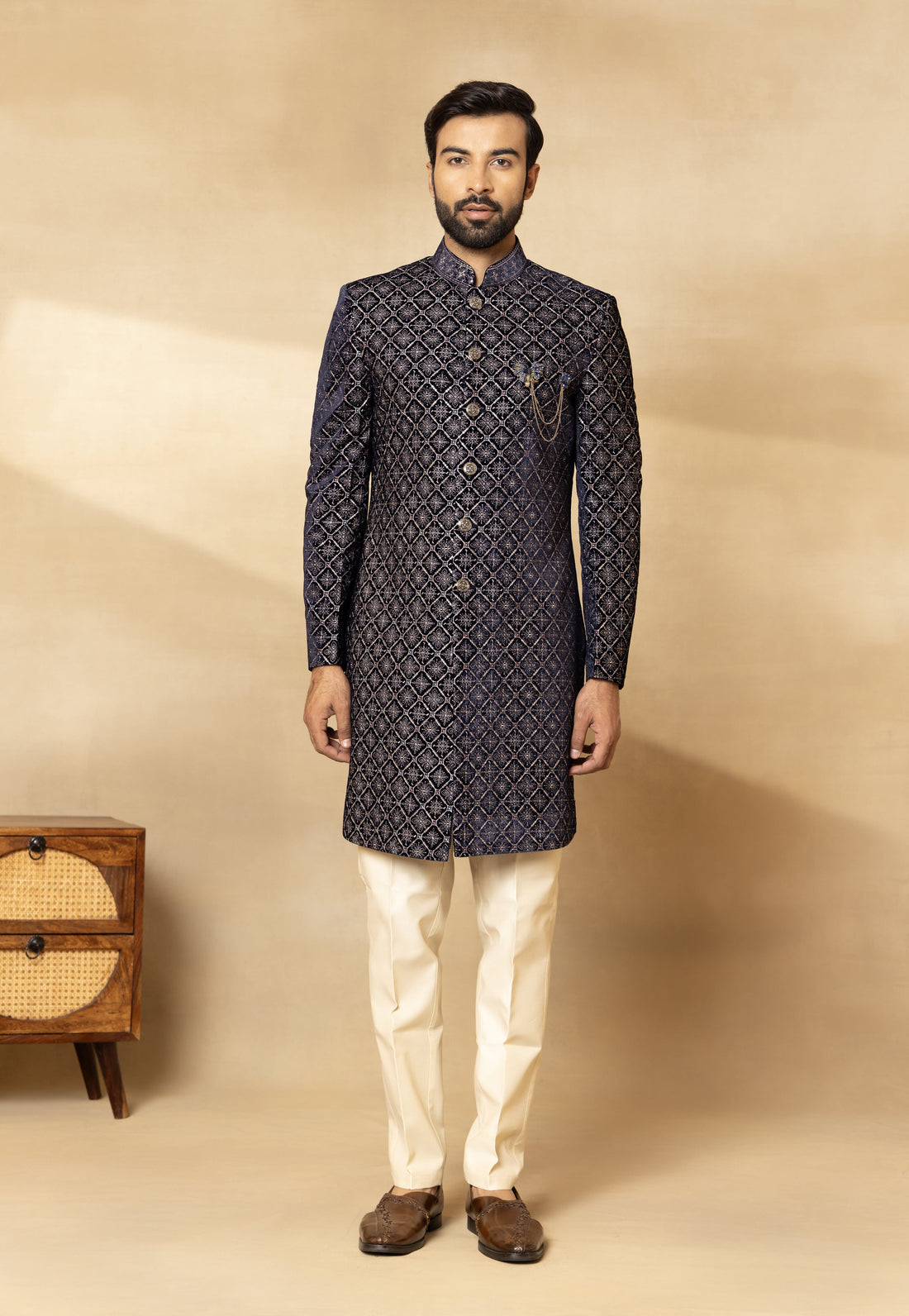 Navy Blue Velvet Embroidered Sherwani Set with Dupatta