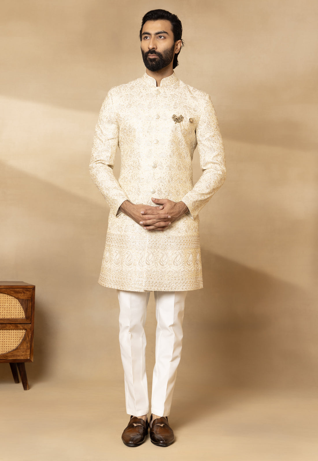 Gold Silk Embroidered Sherwani Set with Dupatta