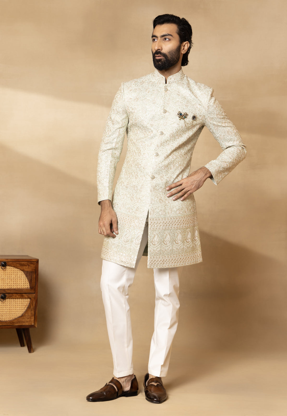 Pista Green Silk Embroidered Sherwani Set with Dupatta