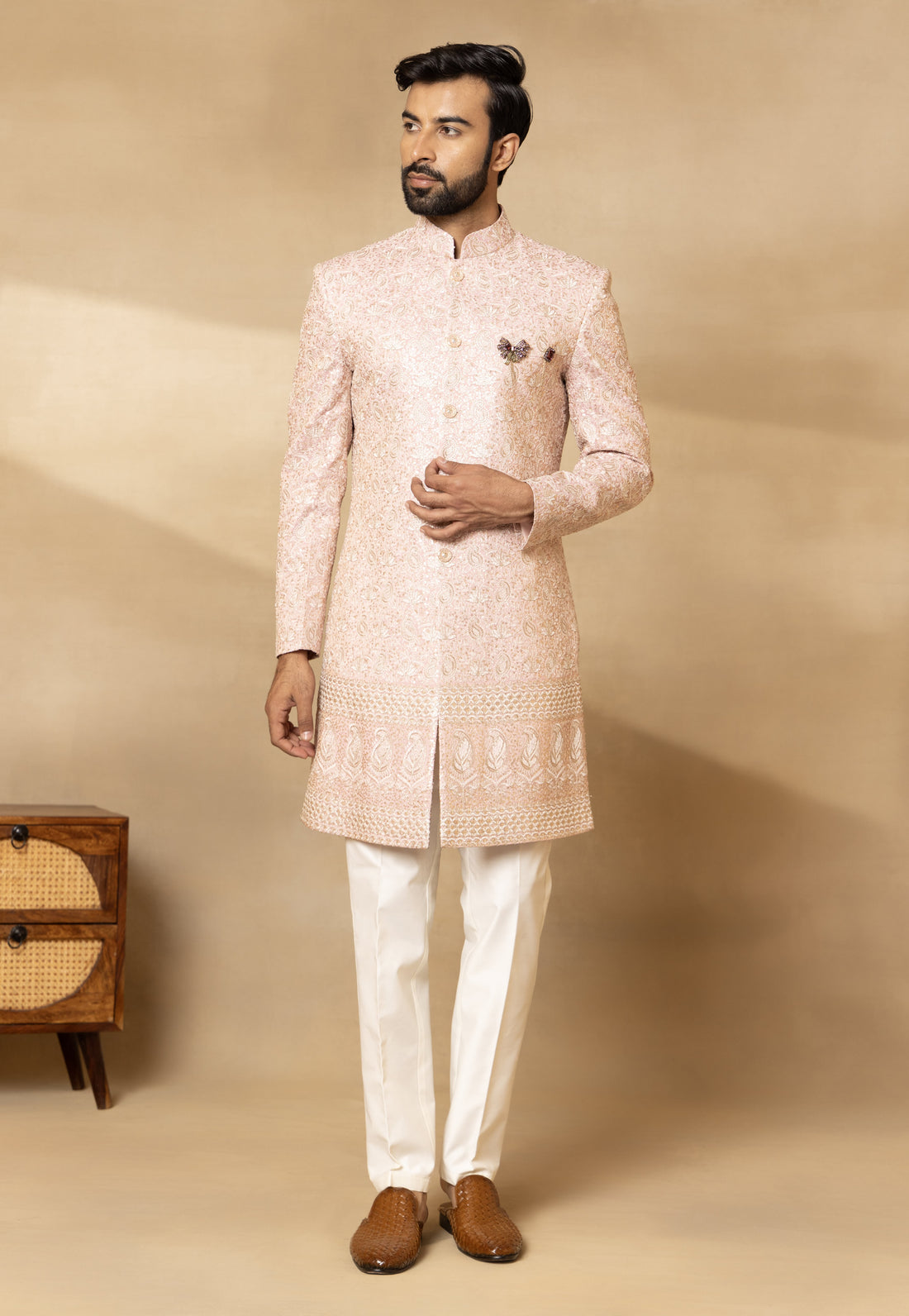 Pink Silk Embroidered Sherwani Set with Dupatta