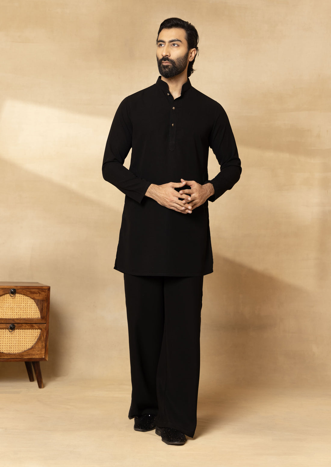 Black Embroidered Long Jacket Set for Men