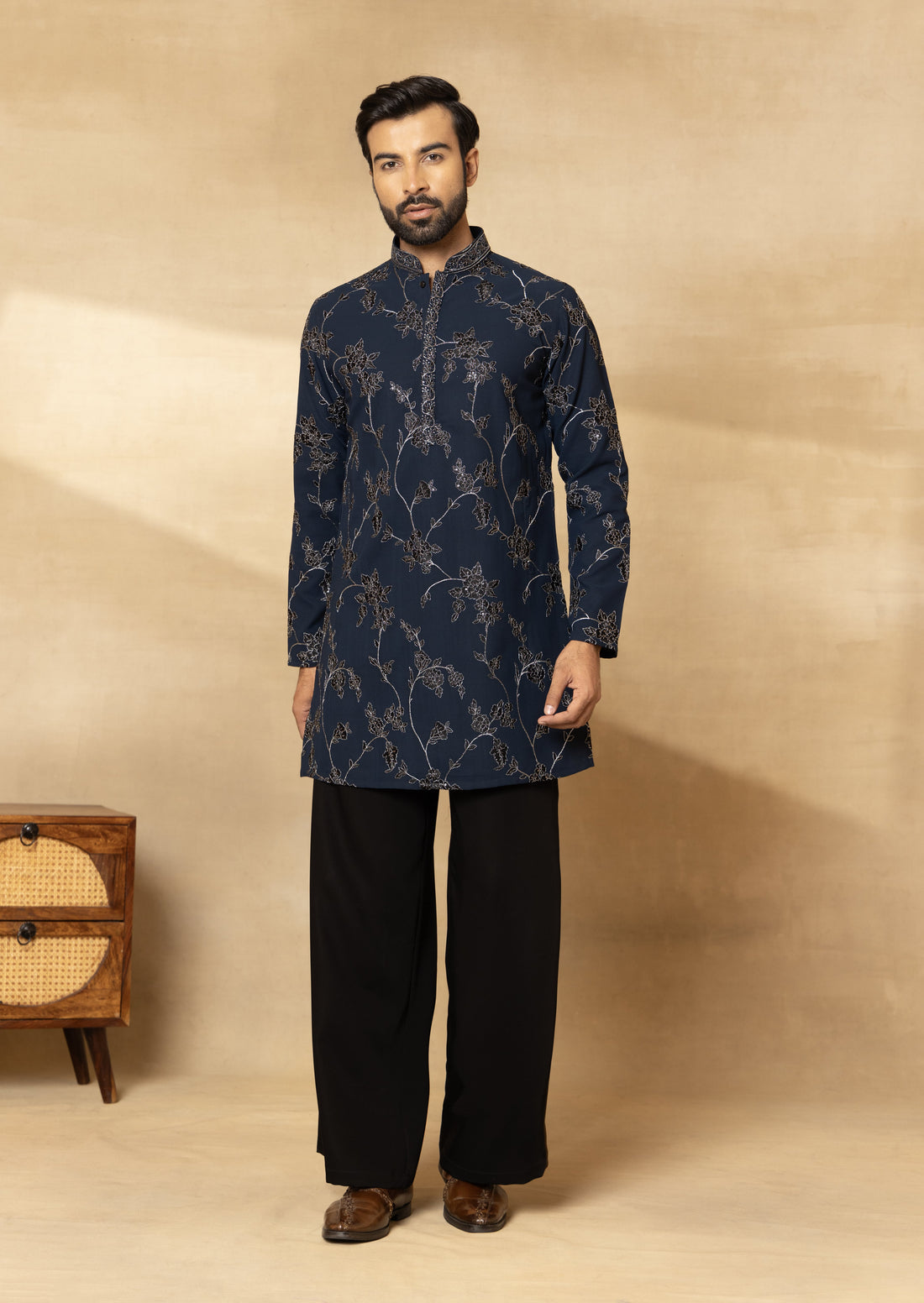 Navy Blue Embroidered Nehru Jacket Set with Bellbottoms