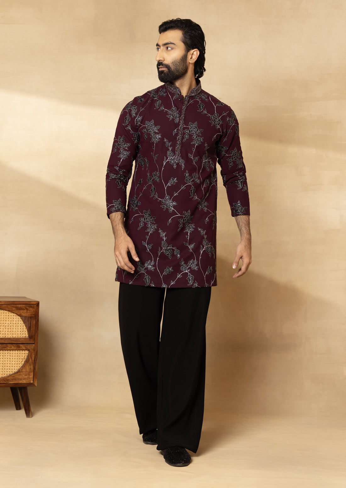 Wine Embroidered Nehru Jacket Set with Wide Pants