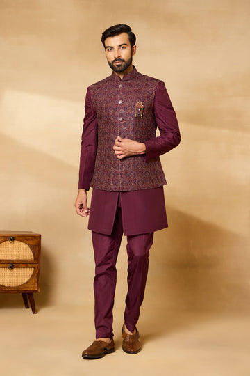 Wine Thread Embroidered Nehru Jacket Set