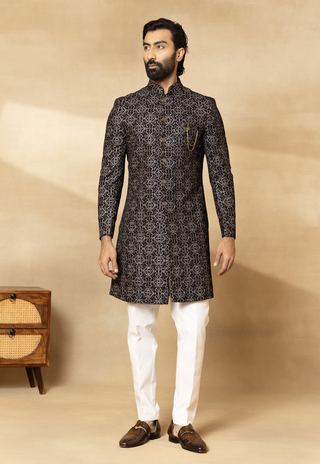 Black Velvet Embroidered Sherwani Set with Dupatta