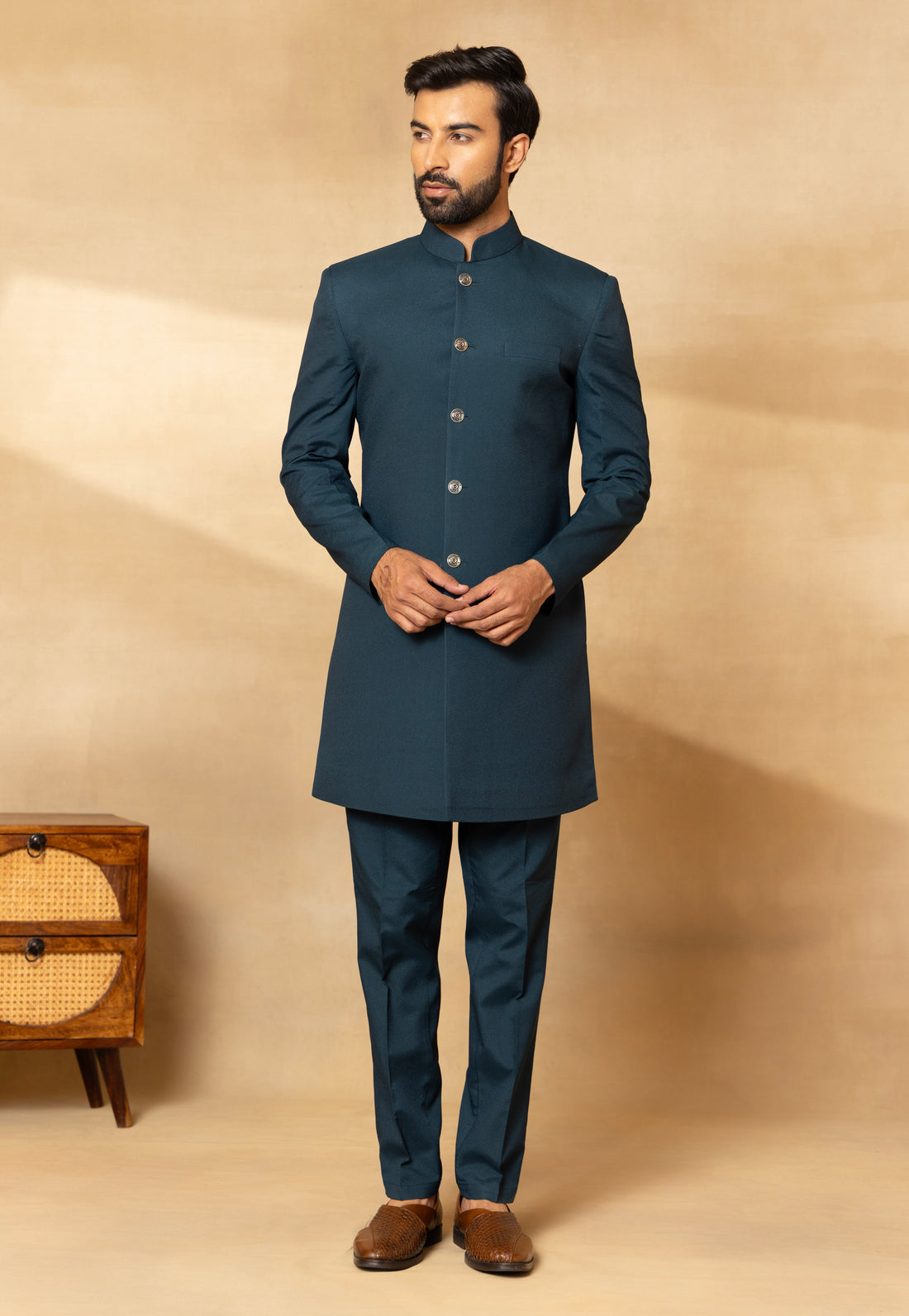 Rama Green Thread Embroidered Nehru Jacket Set