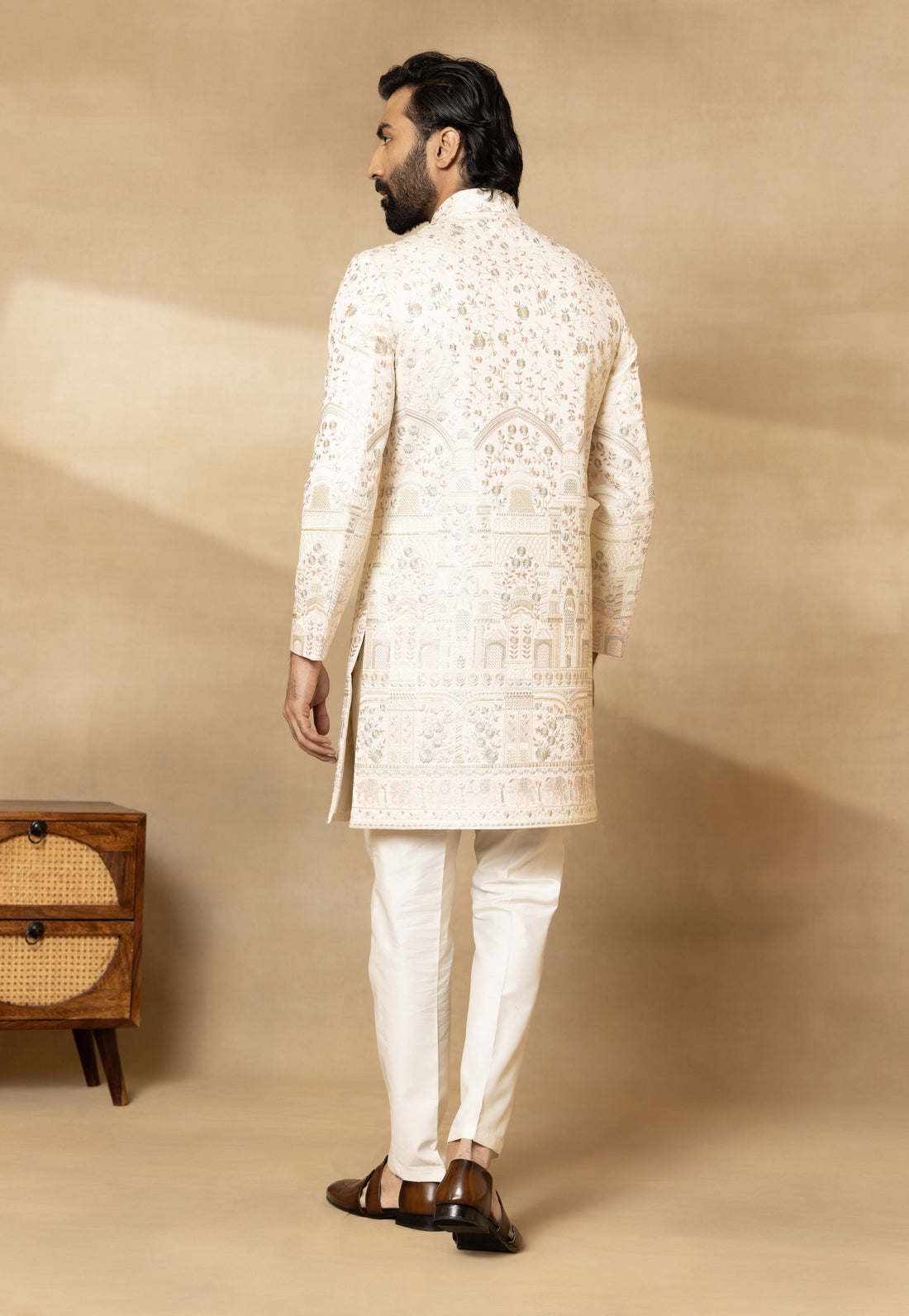 Cream Silk Multi Thread Embroidered Sherwani Set with Dupatta