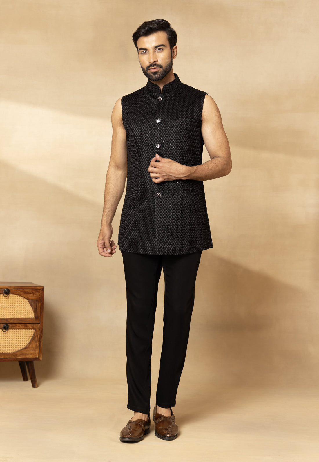 Black Embroidered Short Jacket Set for Men