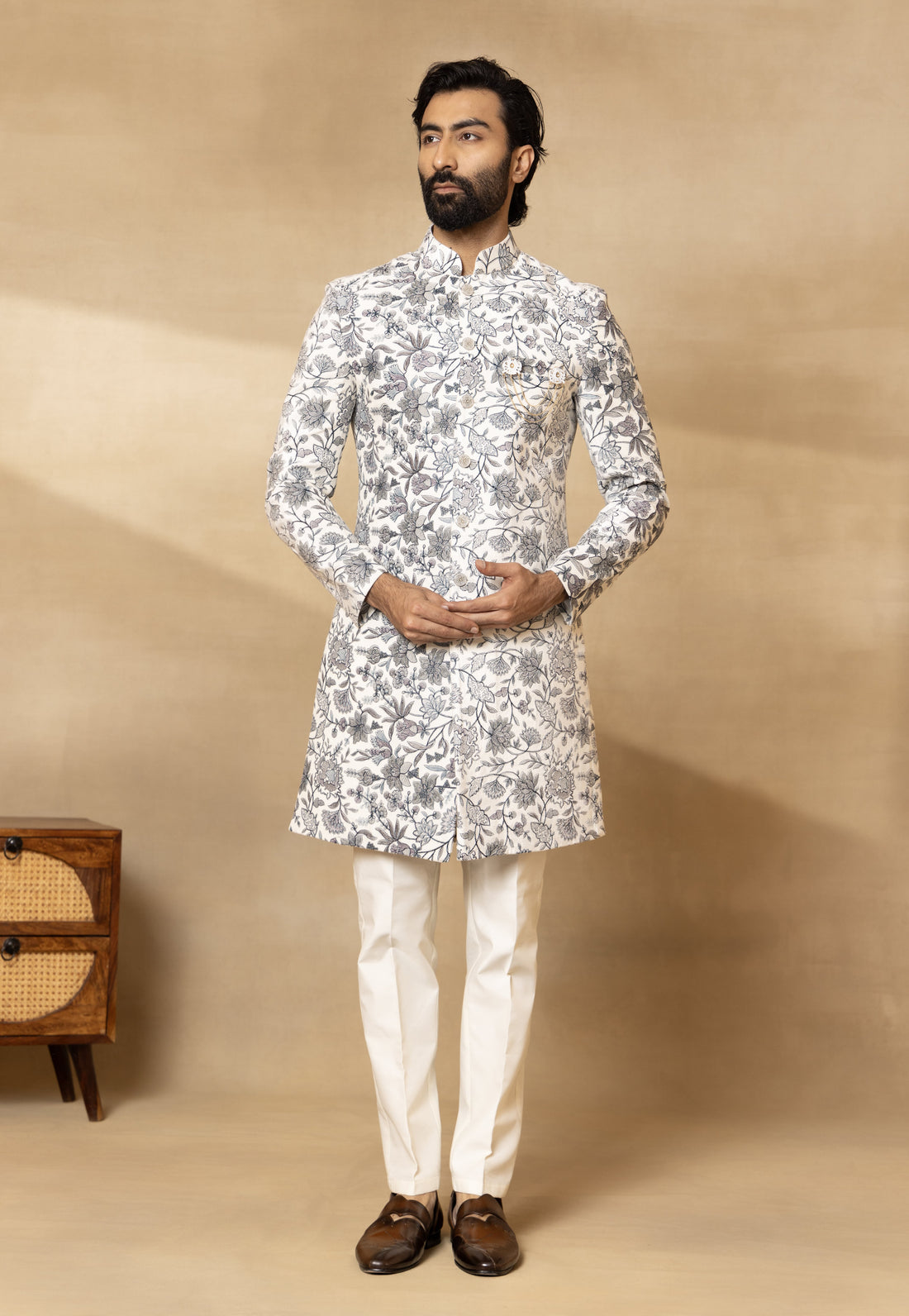 Cream Velvet Embroidered Sherwani Set with Dupatta