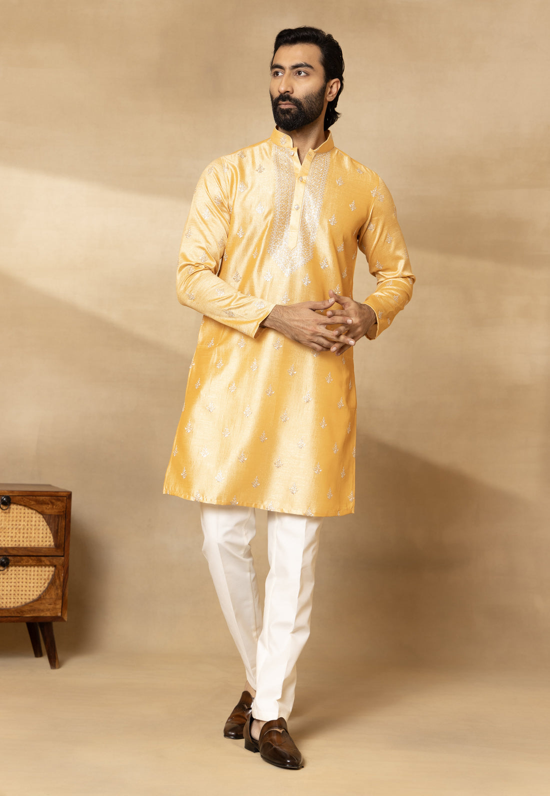 Haldi Fire Silk Nehru Jacket Set with Embroidered Kurta