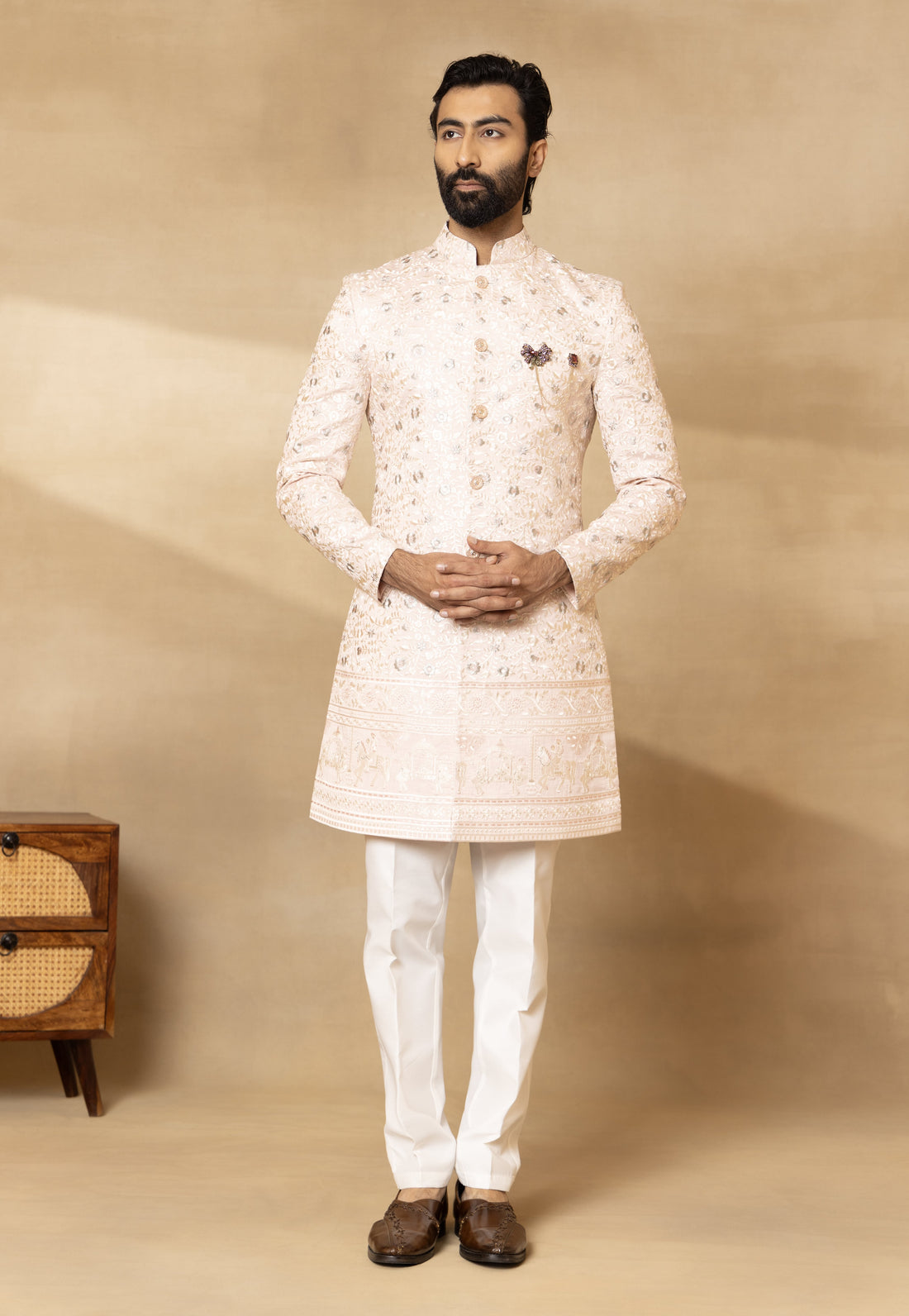 Peach Silk Embroidered Sherwani Set with Dupatta