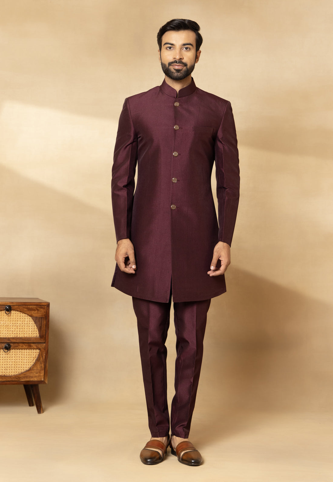 Wine Multi Thread Embroidered Nehru Jacket Set