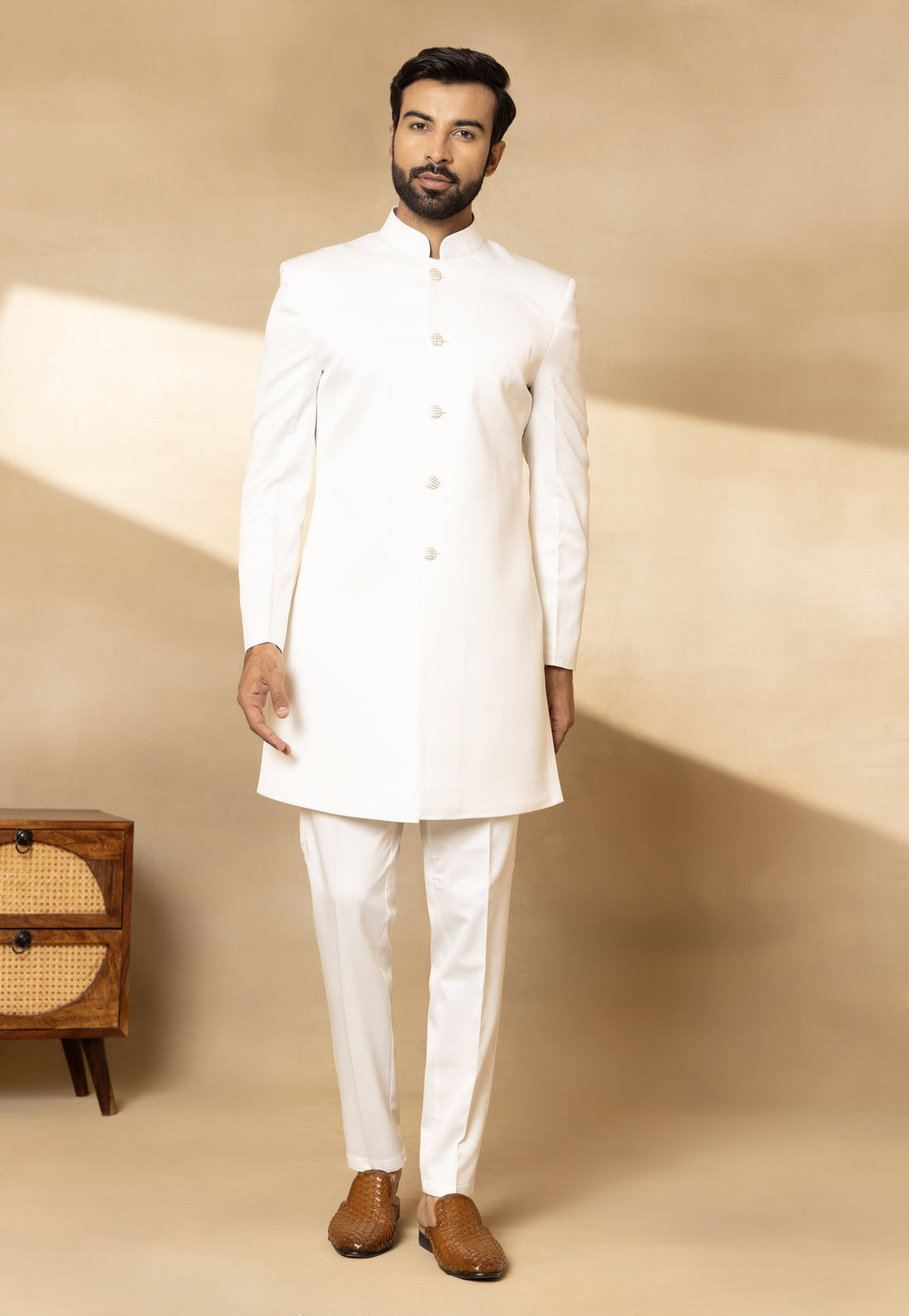 Cream Satin Silk Embroidered Nehru Jacket Set