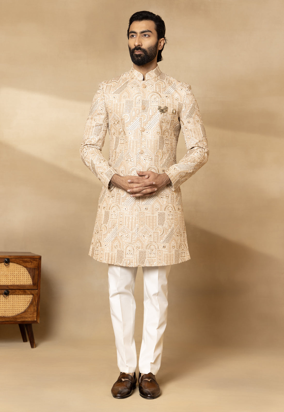 Peach Silk Embroidered Sherwani Set with Dupatta