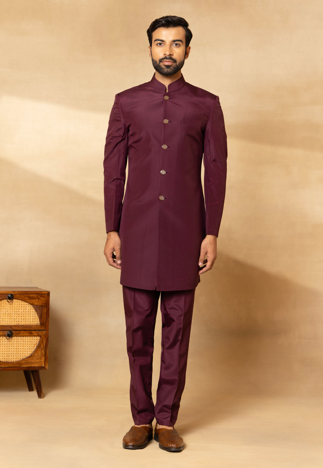 Wine Thread Embroidered Nehru Jacket Set