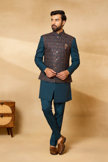 Rama Green Thread Embroidered Nehru Jacket Set