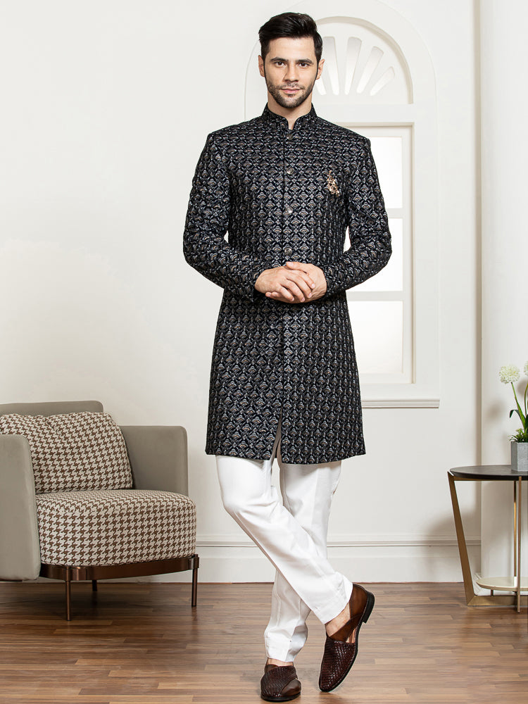 Grey Velvet Embroidered Sherwani Set