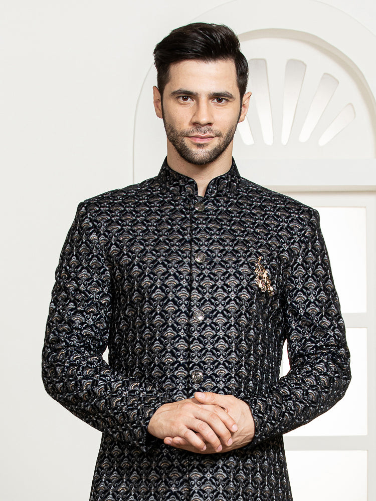 Grey Velvet Embroidered Sherwani Set