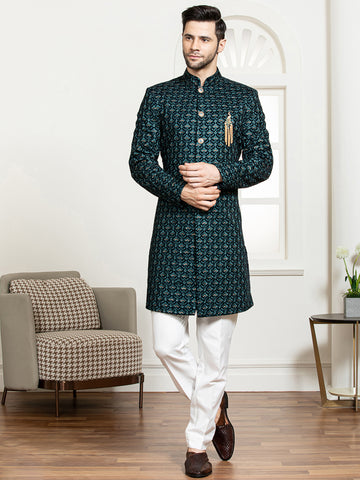 Ferozi Velvet Embroidered Sherwani Set