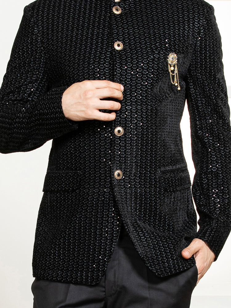 Black Velvet Embroidered Bandhgala Set with Formal Trouser