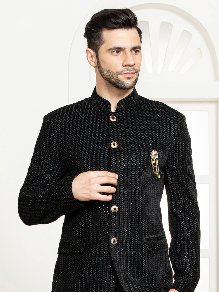 Black Velvet Embroidered Bandhgala Set with Formal Trouser