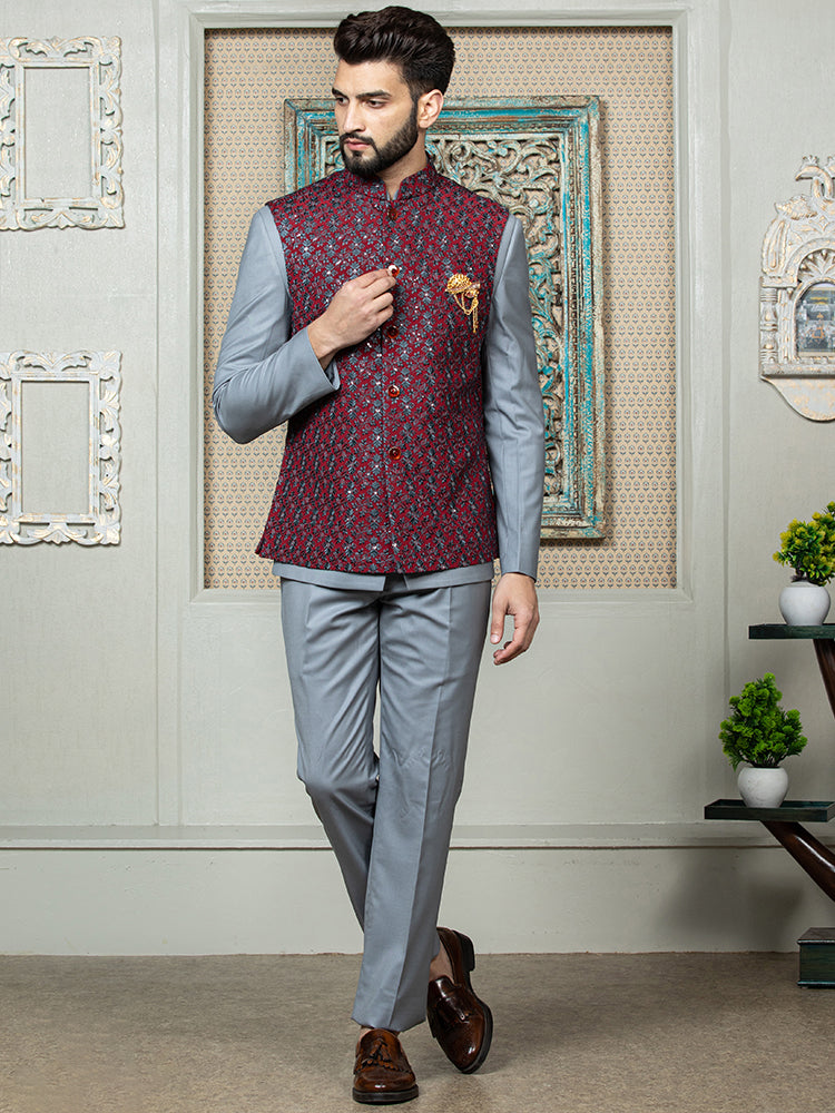 Mehroon Safari Waist Coat Set with Embroidered Jacket