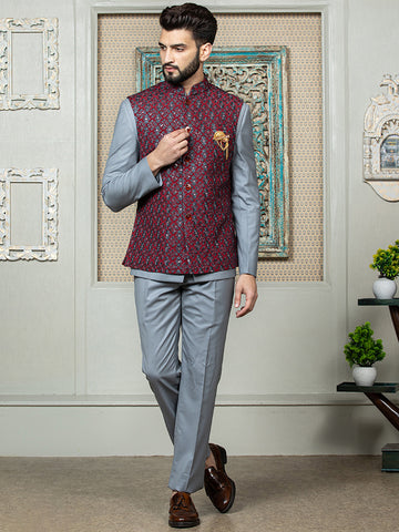 Mehroon Safari Waist Coat Set with Embroidered Jacket