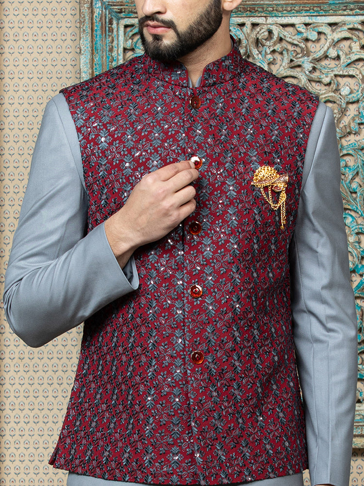Mehroon Safari Waist Coat Set with Embroidered Jacket