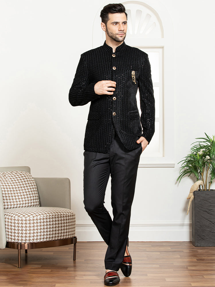 Black Velvet Embroidered Bandhgala Set with Formal Trouser