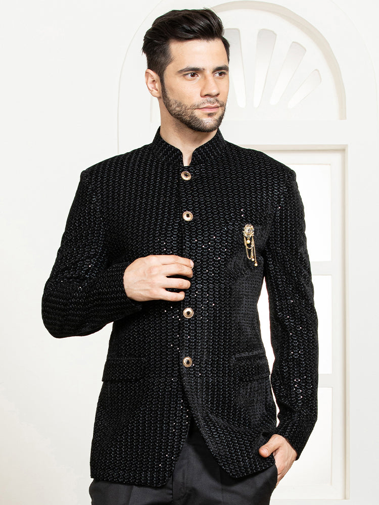 Black Velvet Embroidered Bandhgala Set with Formal Trouser