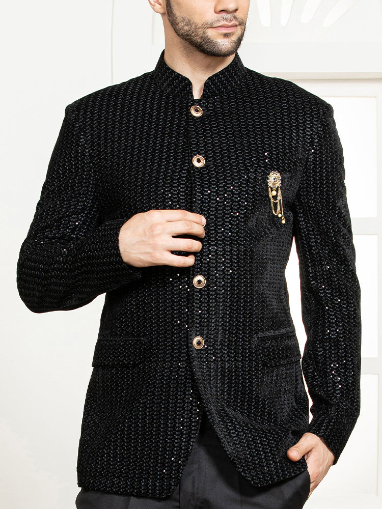 Black Velvet Embroidered Bandhgala Set with Formal Trouser