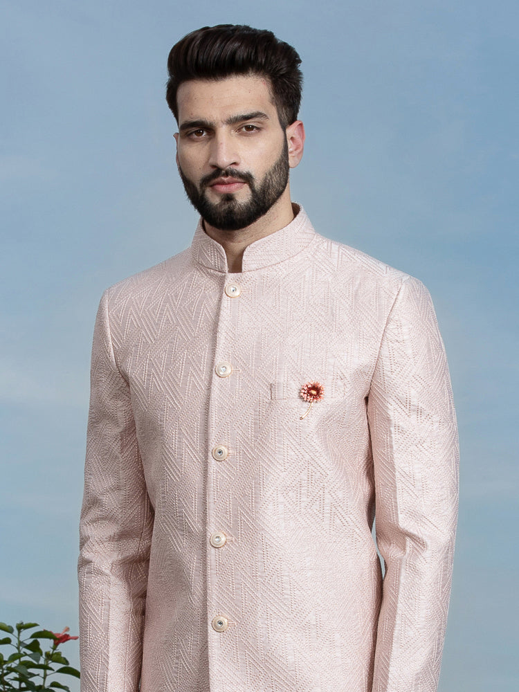 Peach Embroidered Bandhgala Set with Formal Trouser