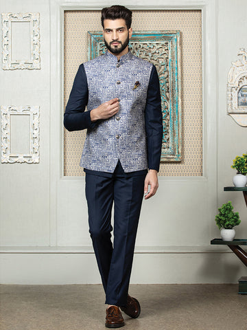 Blue Safari Waist Coat Set with Printed Jacket